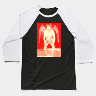 Portrait. Digital collage, special processing. Man in briefs, looking. Angel. Red, yellow, very bright. Baseball T-Shirt